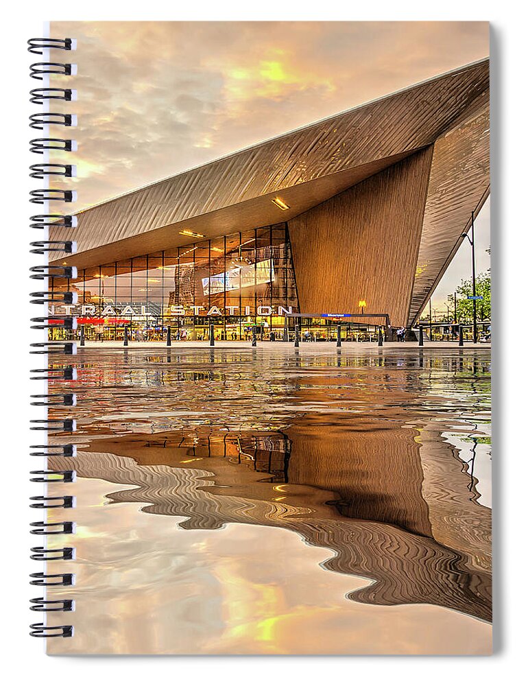 Architecture Spiral Notebook featuring the digital art Water Reflection Central Station Rotterdam by Frans Blok