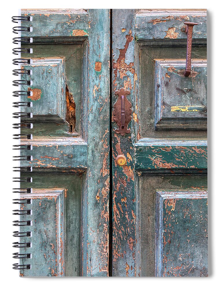 Cortona Spiral Notebook featuring the photograph Weathered Rustic Green Door of Cortona by David Letts
