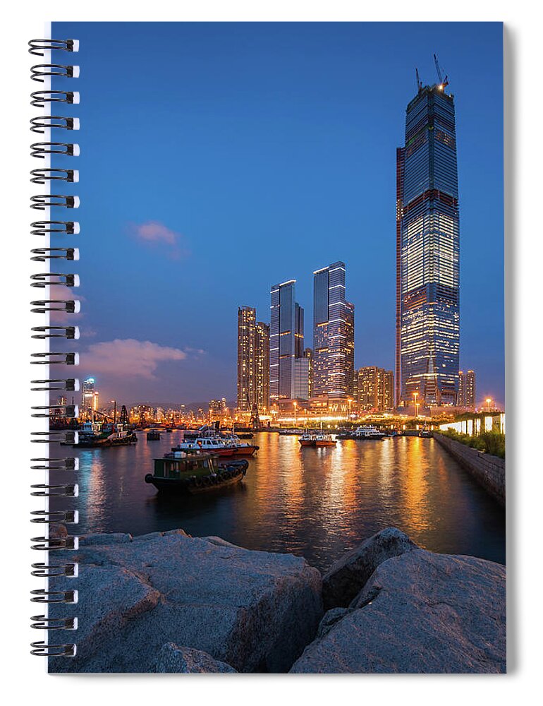 Outdoors Spiral Notebook featuring the photograph West Kowloon Typhoon Shelter With by Coolbiere Photograph