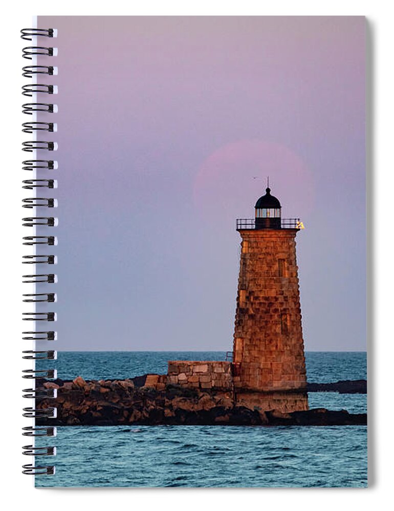 Whaleback Lighthouse Spiral Notebook featuring the photograph Whaleback Lighthouse Full moon Rising by Jeff Folger