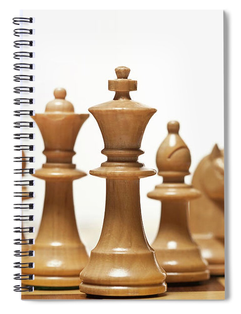 White Background Spiral Notebook featuring the photograph White Chess Set On Board by Walter Zerla