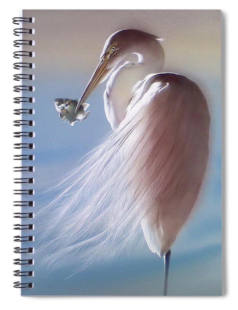 Russian Artists New Wave Spiral Notebook featuring the painting White Heron with Fish by Alina Oseeva
