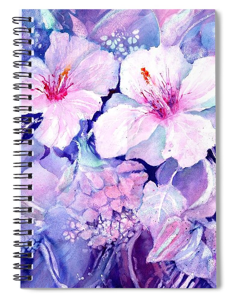 White Hibiscus Spiral Notebook featuring the painting White Hibiscus and Hydrangeas by Sabina Von Arx