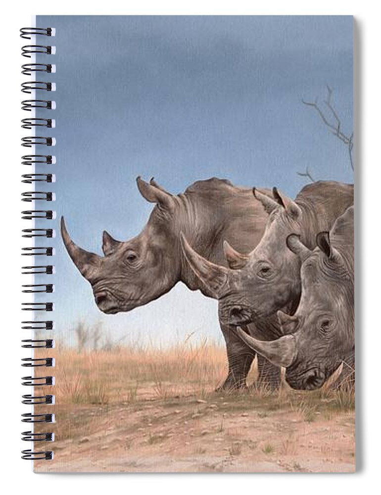 White Rhinos Spiral Notebook featuring the painting White Rhinos Panoramic by Rachel Stribbling