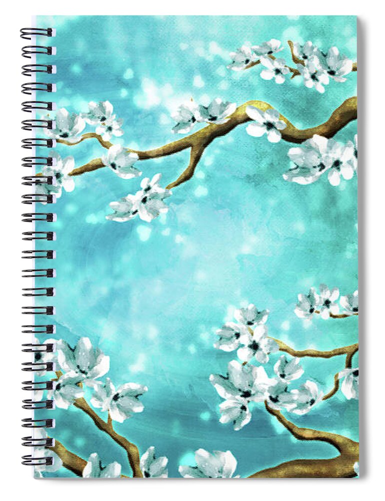 Tranquility Blossoms Spiral Notebook featuring the digital art Tranquility Blossoms - Winter White and Blue by Laura Ostrowski