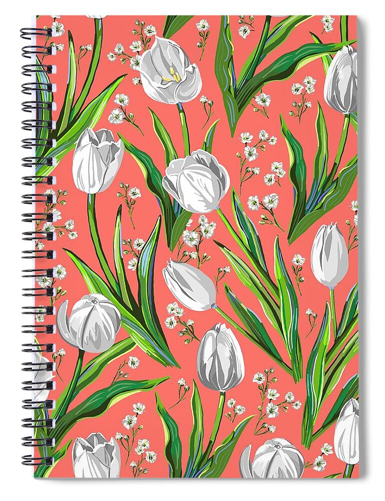 White Tulips Spiral Notebook featuring the drawing White Tulips on Living Coral by L Diane Johnson