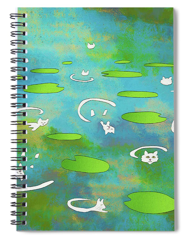 Cat Spiral Notebook featuring the digital art White Water Lily Cats on Pond by Bonnie Follett