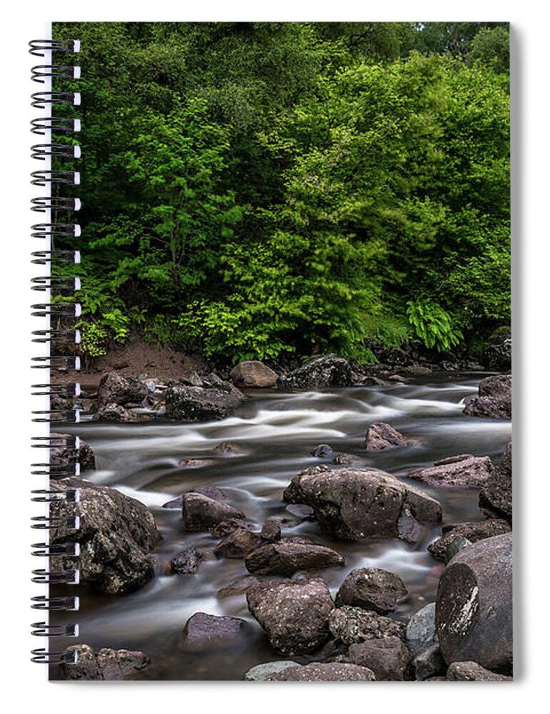 Background Spiral Notebook featuring the photograph Wild Mountain River Streaming Through Green Forest in Scotland by Andreas Berthold