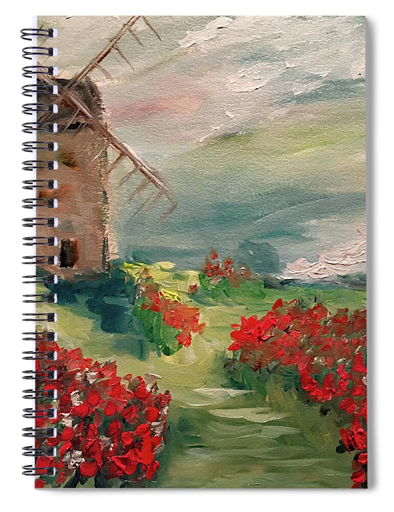 Windmill Spiral Notebook featuring the painting Windmill in a Poppy Field by Roxy Rich