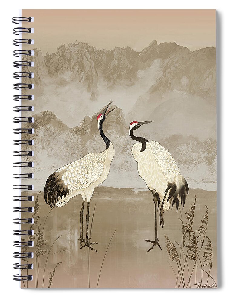 Bird Spiral Notebook featuring the mixed media Wintering Manchurian Cranes by M Spadecaller