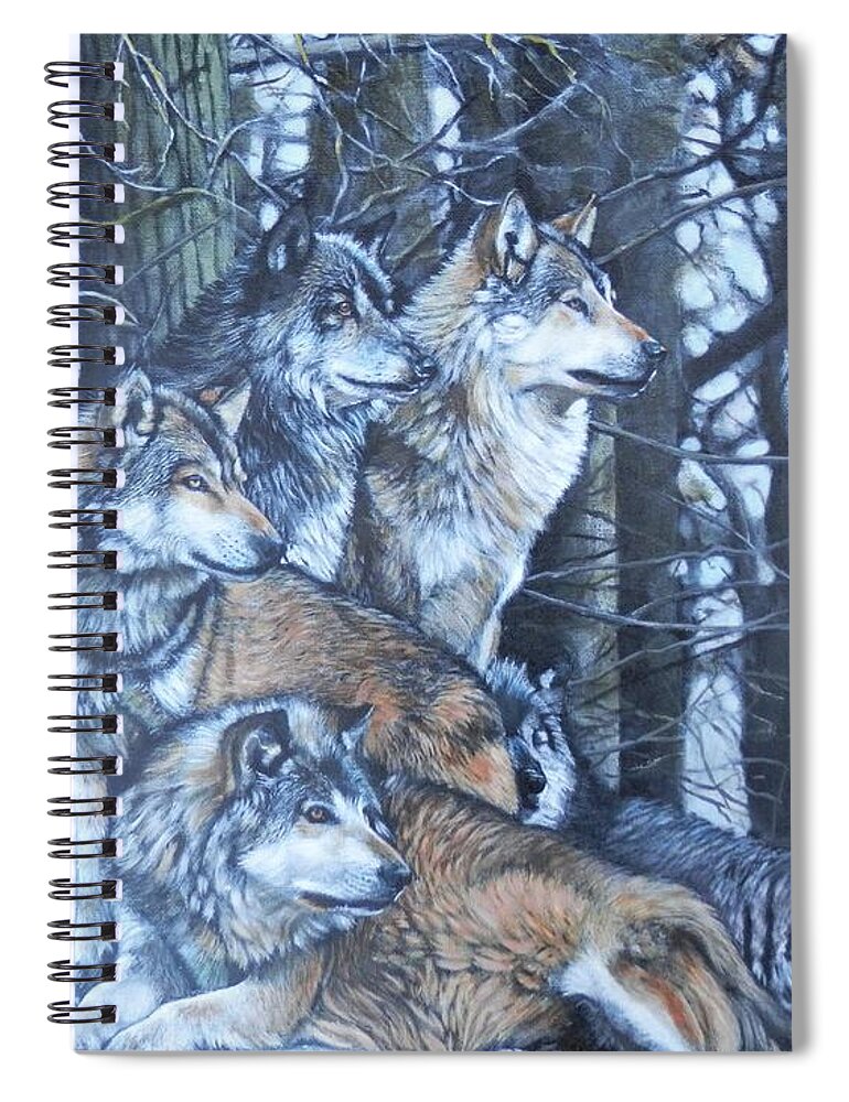 Wolf Spiral Notebook featuring the painting Wolf Pack by John Neeve