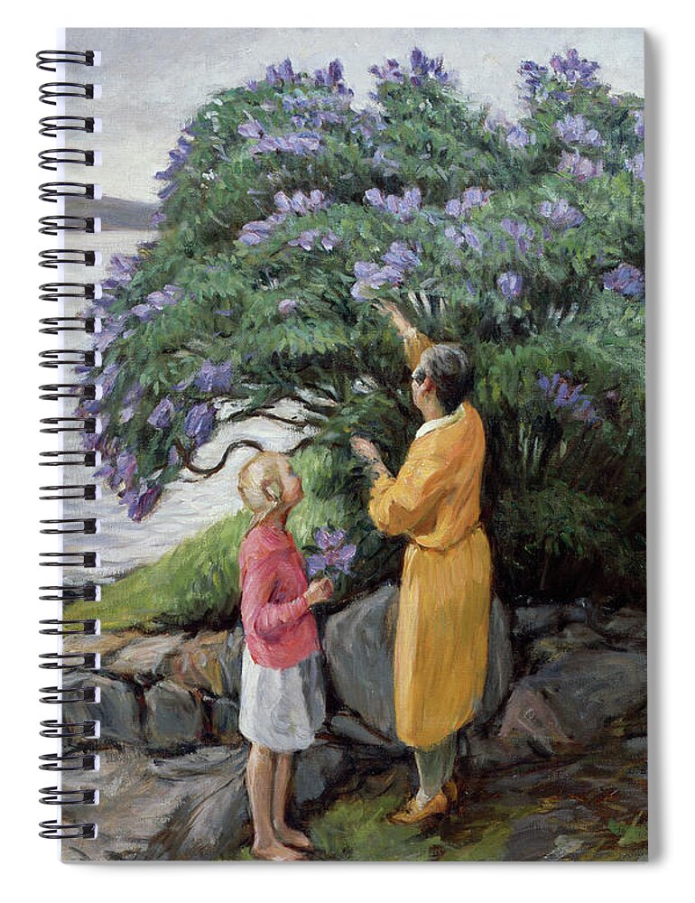 20th Century Spiral Notebook featuring the painting Woman And Child By The Lilac Bush, 1927 by Thorvald Torgersen