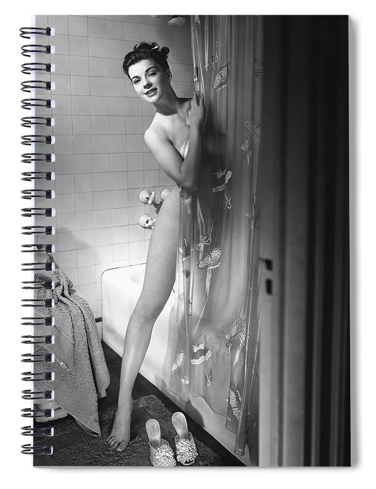 Shower Spiral Notebook featuring the photograph Woman Behind Shower Curtain by George Marks