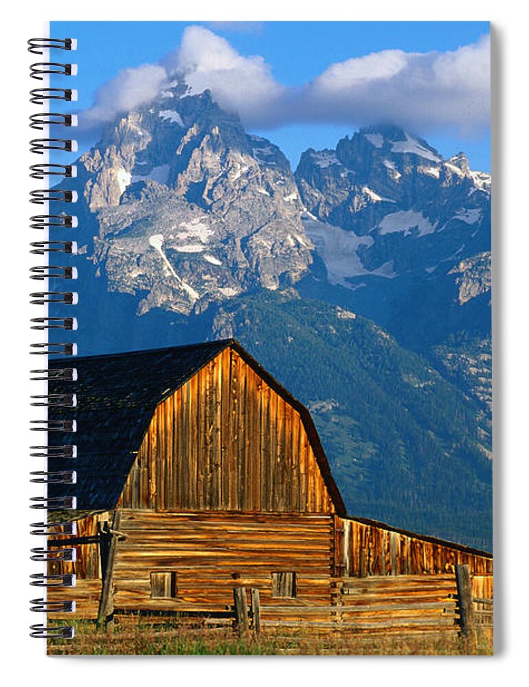 Snow Spiral Notebook featuring the photograph Wooden Mormon Row Barn With Teton Range by John Elk Iii