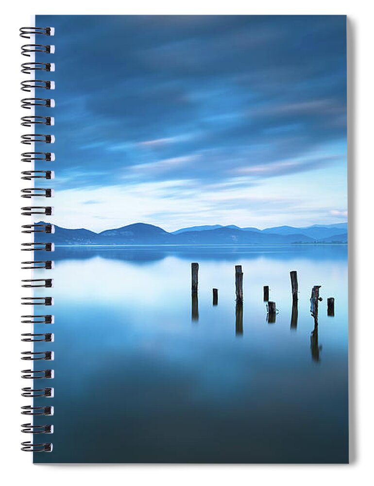 Lake Spiral Notebook featuring the photograph Lake and Jetty Remains after Sunset by Stefano Orazzini