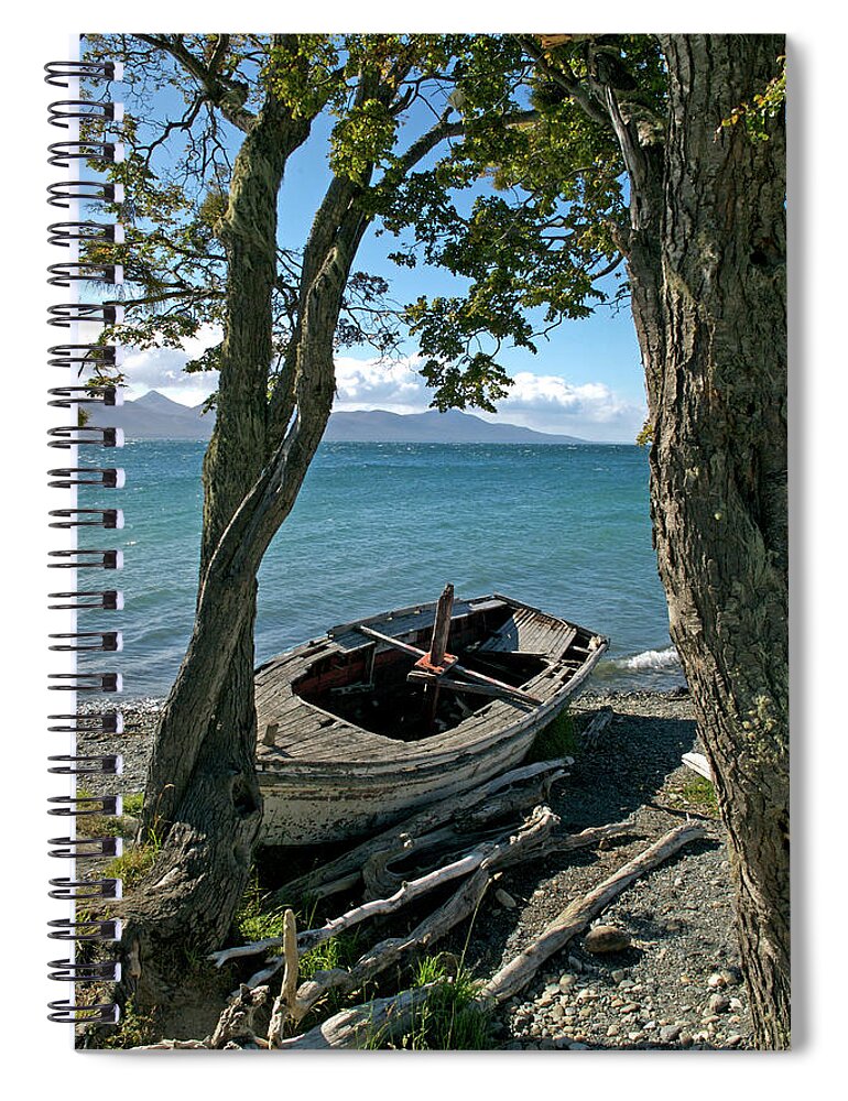 Argentina Spiral Notebook featuring the photograph Wrecked Boat Patagonia by Mark Duehmig