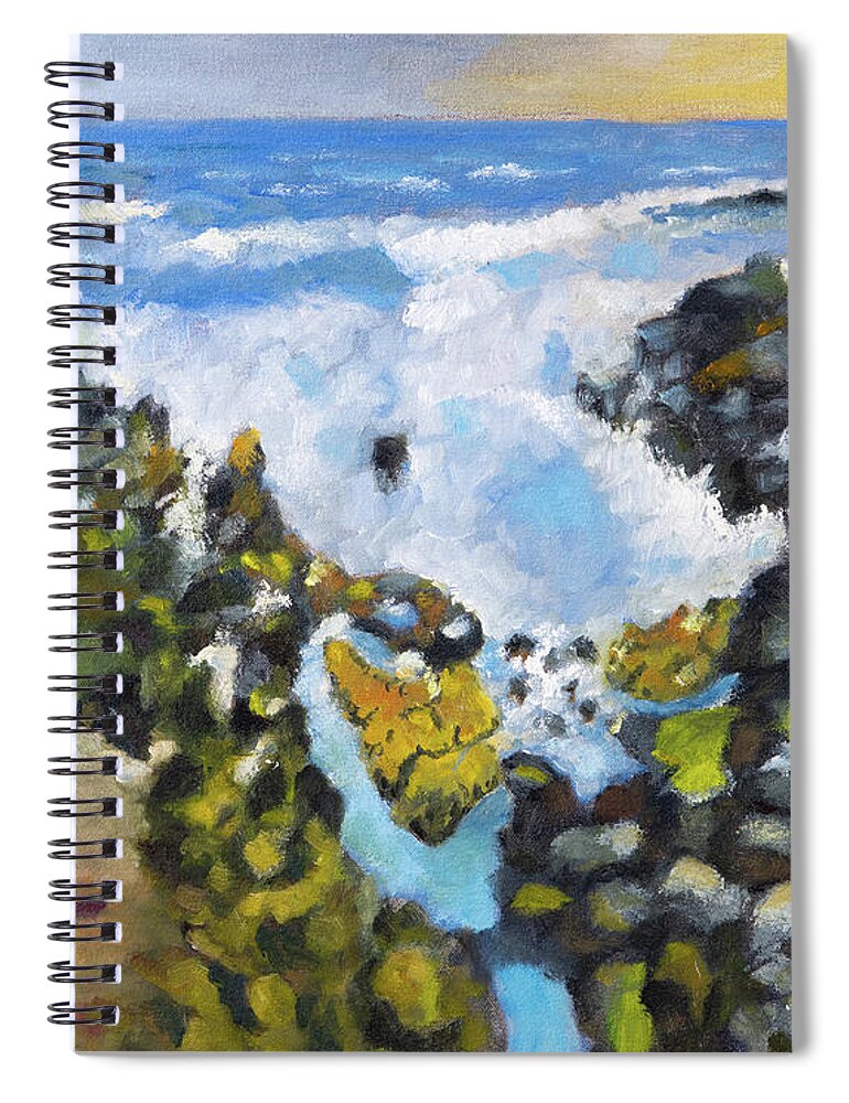 Yachats Spiral Notebook featuring the painting Yachats Surf by Mike Bergen
