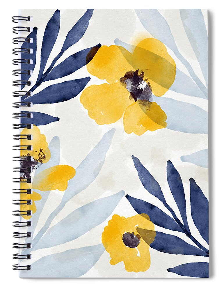 Flowers Spiral Notebook featuring the mixed media Yellow and Navy 1- Floral Art by Linda Woods by Linda Woods