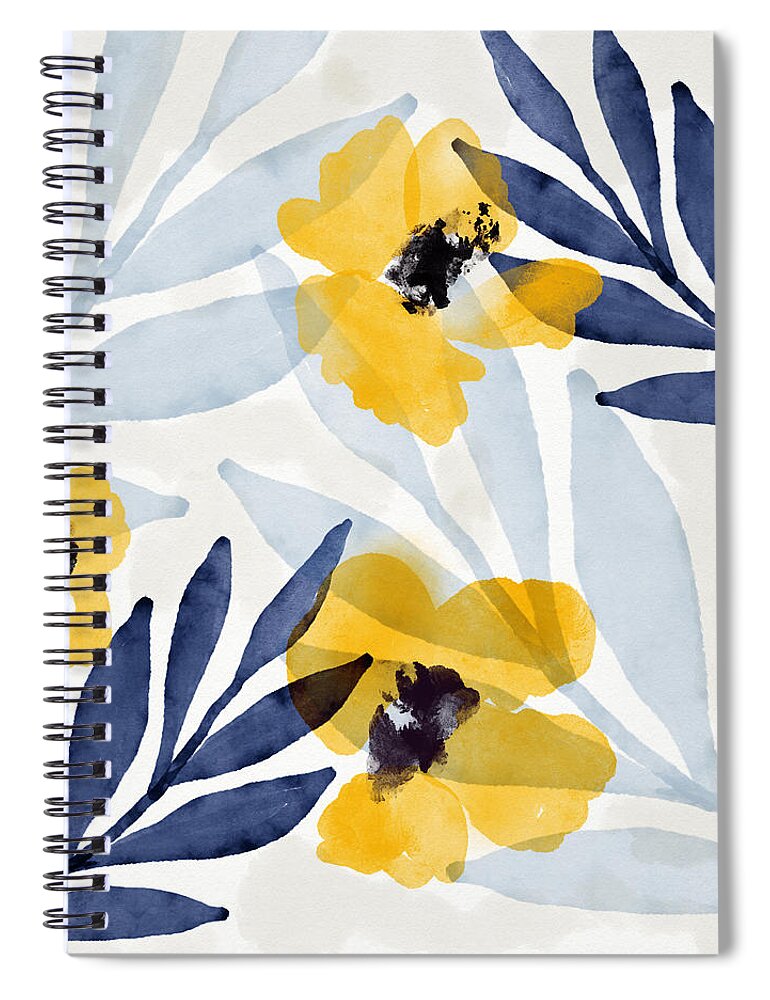 Flowers Spiral Notebook featuring the mixed media Yellow and Navy 2- Floral Art by Linda Woods by Linda Woods