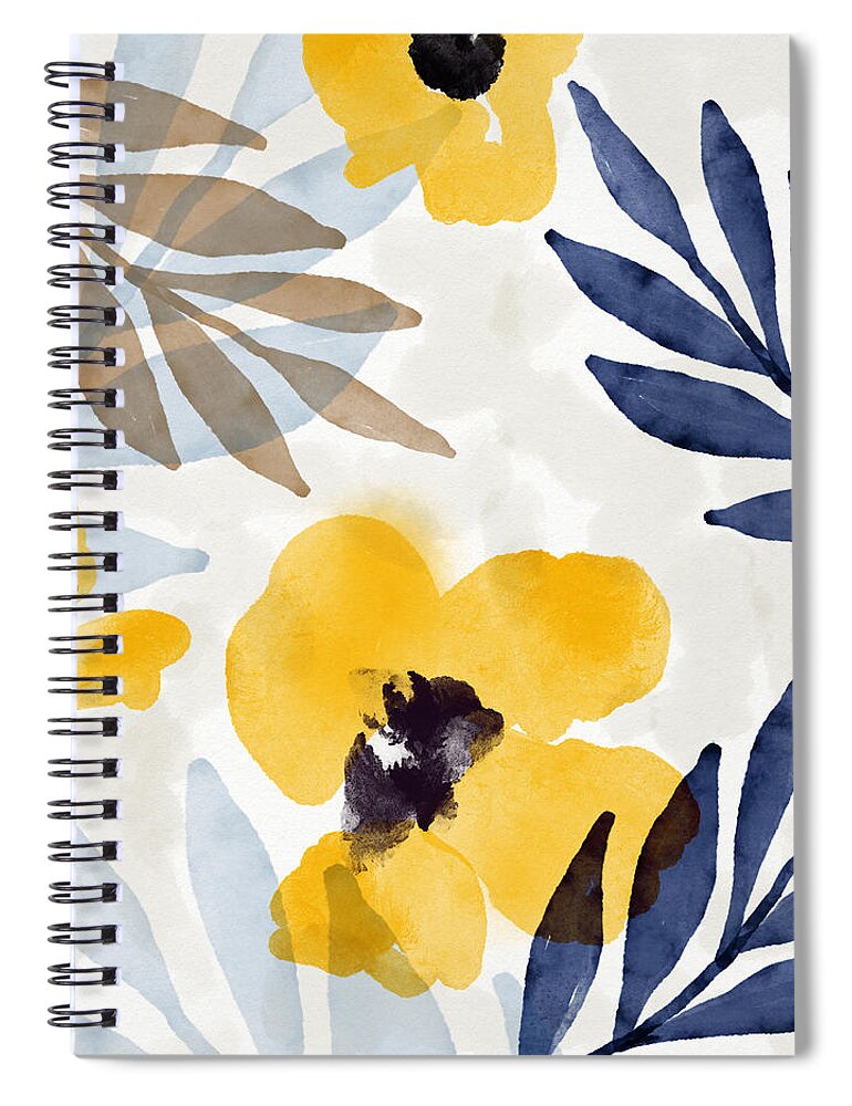 Flowers Spiral Notebook featuring the mixed media Yellow and Navy 3- Floral Art by Linda Woods by Linda Woods