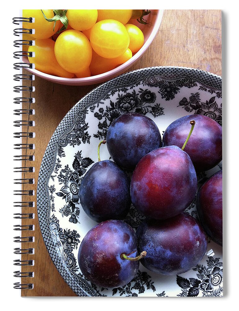 Plum Spiral Notebook featuring the photograph Yellow Cherry Tomatoes And Plums by Laura Johansen