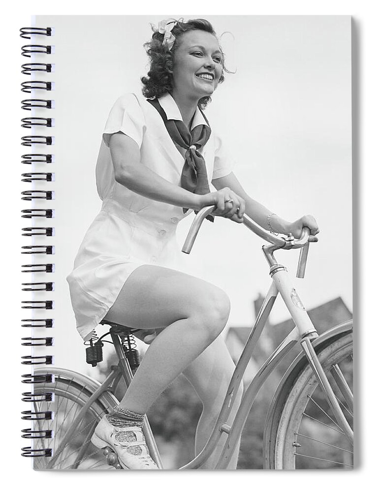 People Spiral Notebook featuring the photograph Young Woman Riding Bicycle, B&w, Low by George Marks