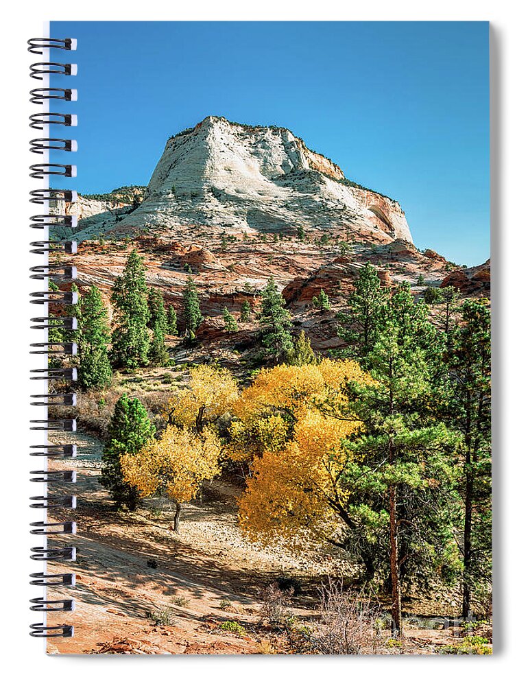 Zion National Park Spiral Notebook featuring the photograph Zion Autumn White Peak and Yellow Leaves by Aloha Art