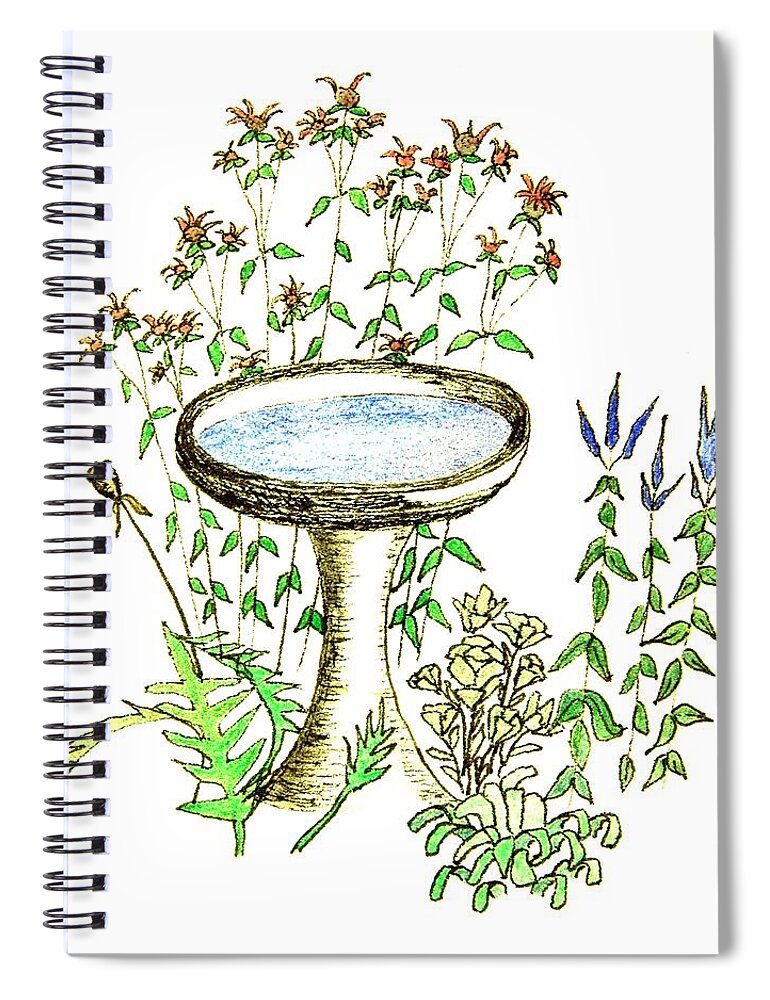 Birdbath Spiral Notebook featuring the drawing A Lingering Place #2 by Karen Nice-Webb