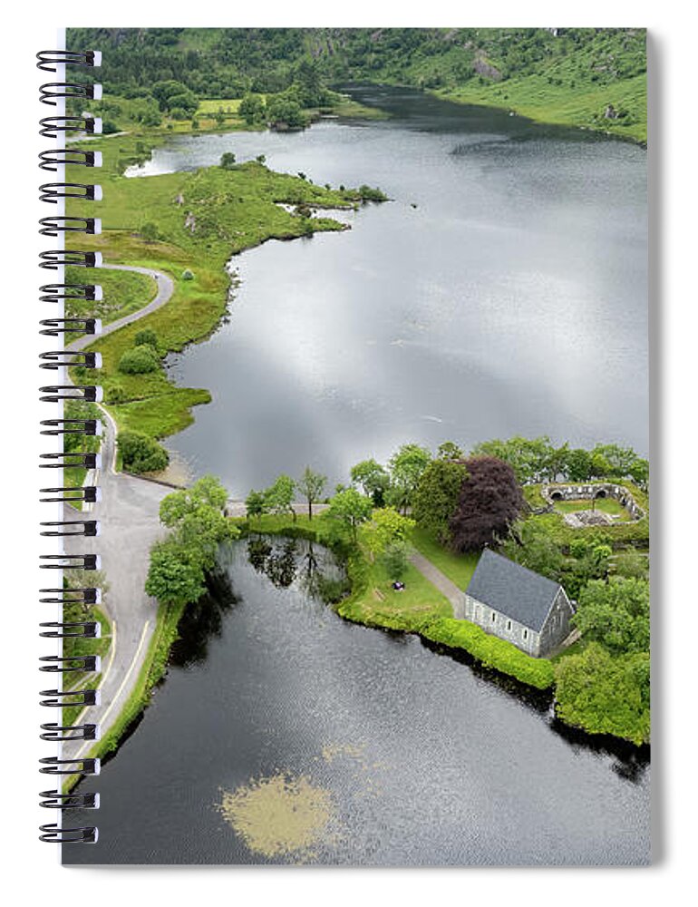 Ireland Spiral Notebook featuring the photograph Aerial drone landscape of St. Finbarr oratory Church, Gougane Barra, cork West Ireland. by Michalakis Ppalis