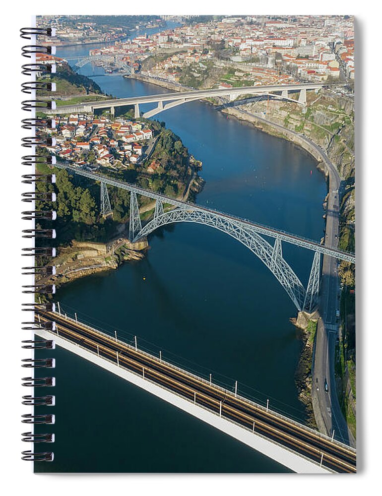 Portugal Spiral Notebook featuring the photograph Aerial of bridges and Douro river in Porto #1 by Mikhail Kokhanchikov