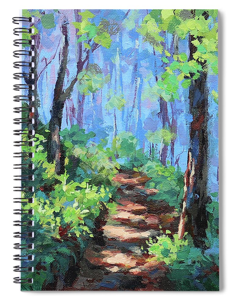 Forest Spiral Notebook featuring the painting Along the Path by Karen Ilari