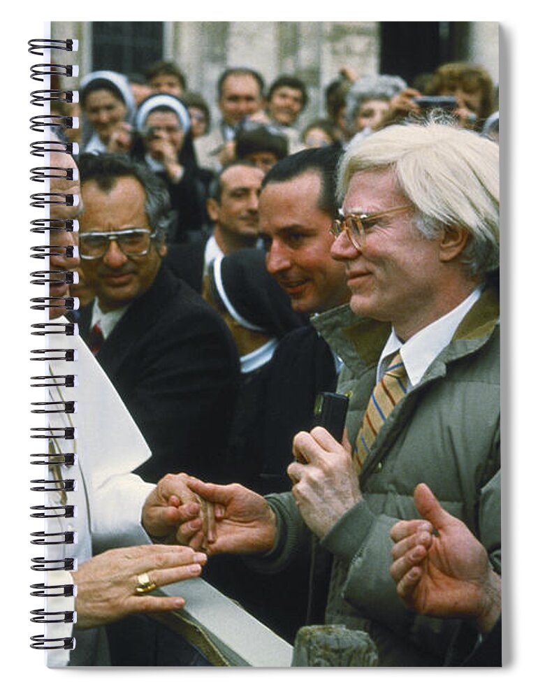 Andy Warhol Spiral Notebook featuring the photograph Andy Warhol and Pope John Paul II #1 by Lionello Fabbri