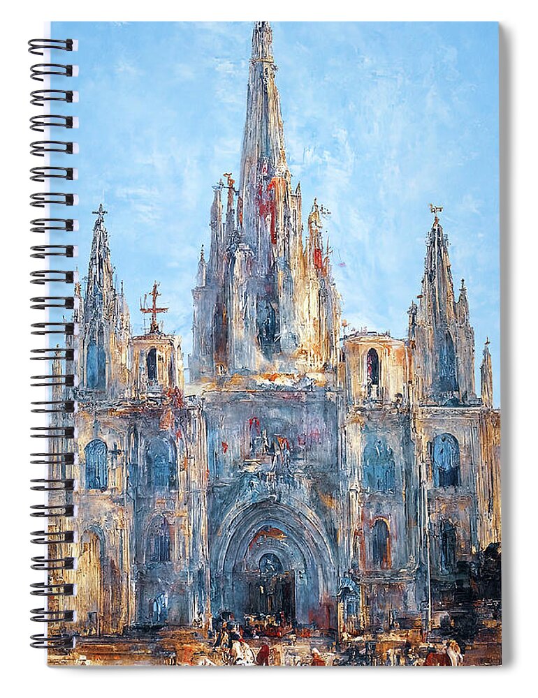 Barcelona Spiral Notebook featuring the painting Barcelona, Cathedral of the Holy Cross and Saint Eulalia - 05 #1 by AM FineArtPrints