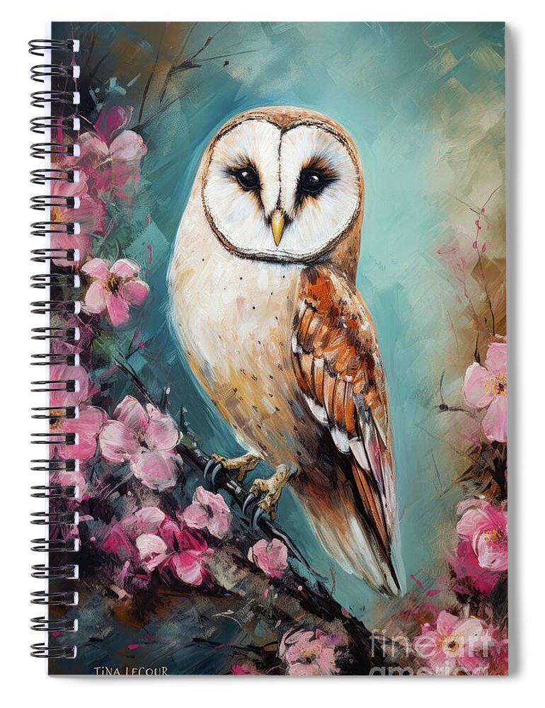 Barn Owl Spiral Notebook featuring the painting Barn Owl In The Pink Blossoms by Tina LeCour