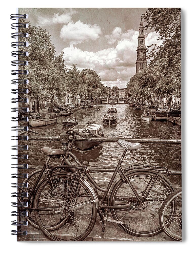 Boats Spiral Notebook featuring the photograph Bicycles on the Canals II in Vintage Sepia #1 by Debra and Dave Vanderlaan