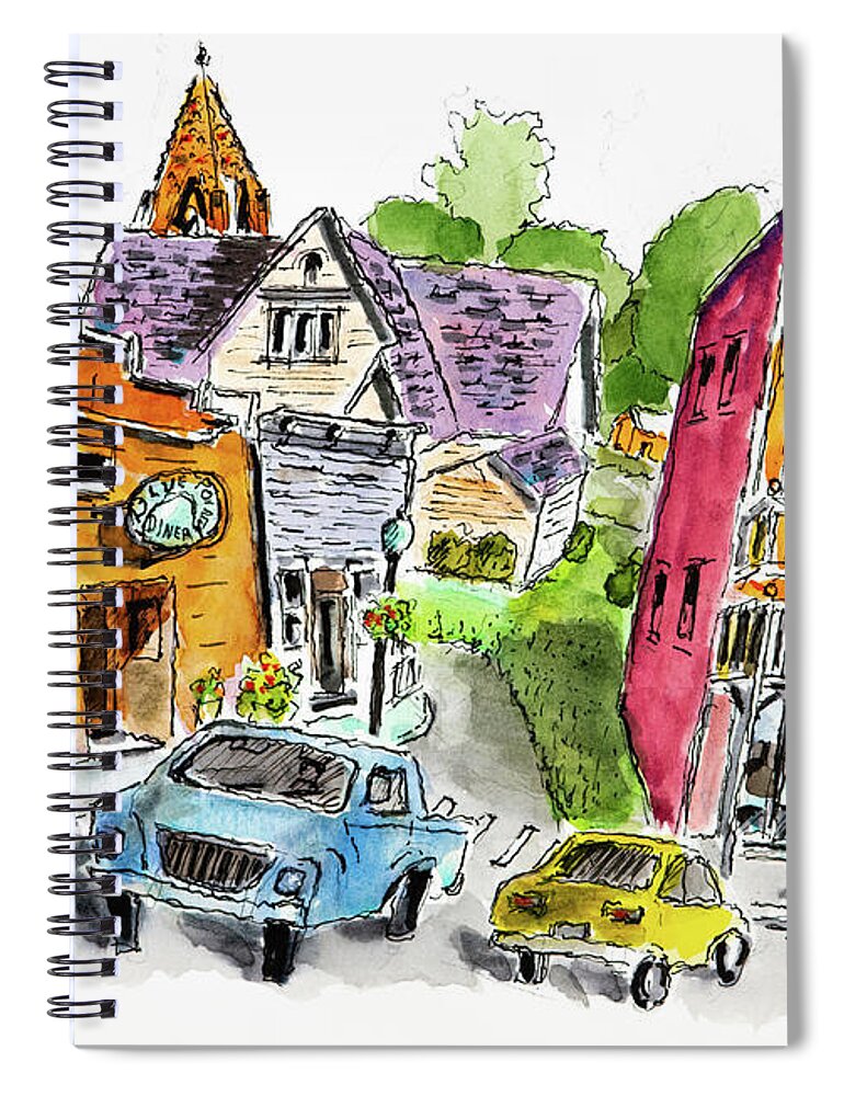 Brownsville Spiral Notebook featuring the drawing Brownsville, OR by Mike Bergen