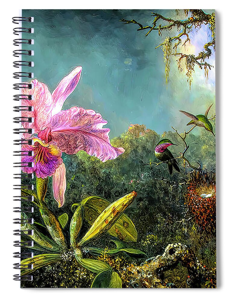 Cattleya Orchid And Three Brazilian Hummingbirds Spiral Notebook featuring the painting Cattleya Orchid and Three Brazilian Hummingbirds by Martin Johnson Heade