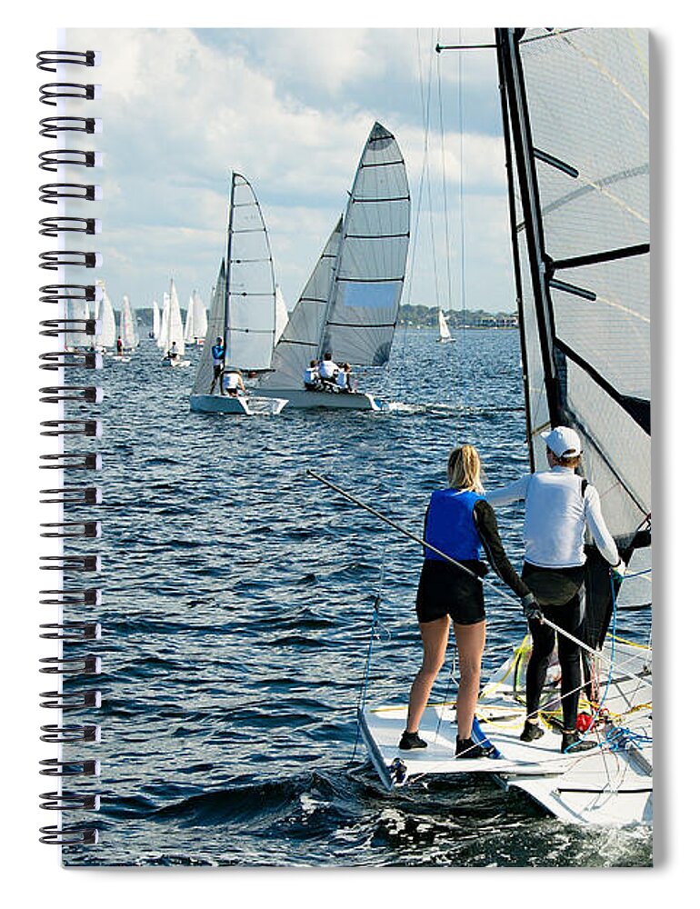 Csne21 Spiral Notebook featuring the photograph Children Sailing small sailboat stern view on an inland waterway #1 by Geoff Childs
