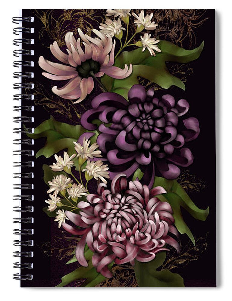 Chinoiserie Spiral Notebook featuring the digital art Chrysanthemums and Butterfly Modern Chinoiserie dark purple by Sand And Chi