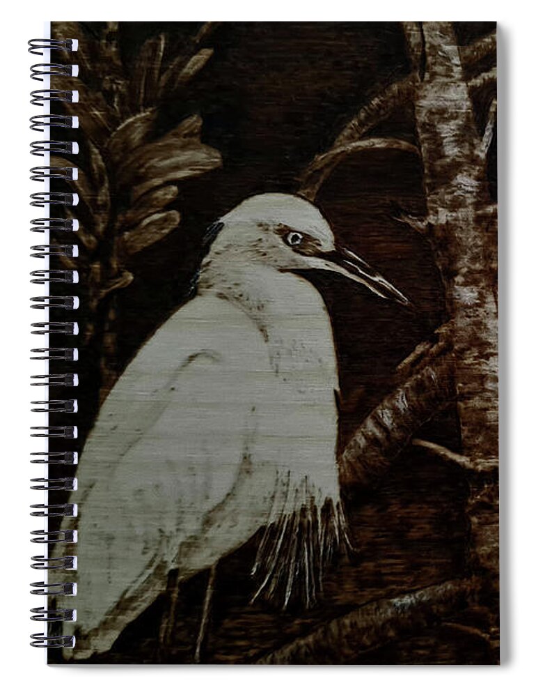 Bird Spiral Notebook featuring the pyrography Egret in the Mangroves #1 by Terri Mills