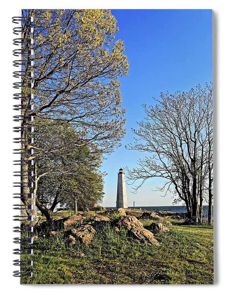 Five Mile Point Lighthouse Spiral Notebook featuring the photograph Five Mile Point Lighthouse through trees #1 by Doolittle Photography and Art
