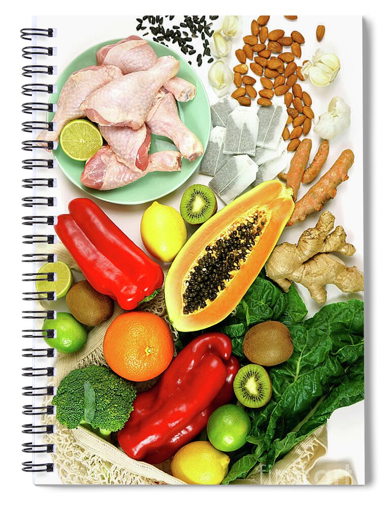 Food Spiral Notebook featuring the photograph Foods that boost the Immune System including fruit, vegetables and poultry. #1 by Milleflore Images