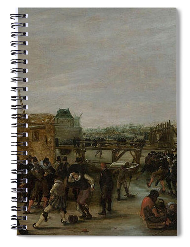 Hendrick Avercamp Spiral Notebook featuring the painting Frolicking on a frozen canal in a town #2 by Hendrick Avercamp