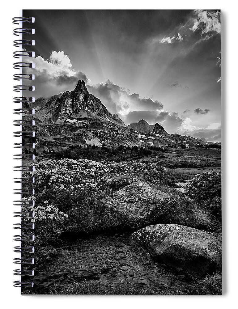 River Spiral Notebook featuring the photograph God Rays in the French Alps #1 by Jon Glaser