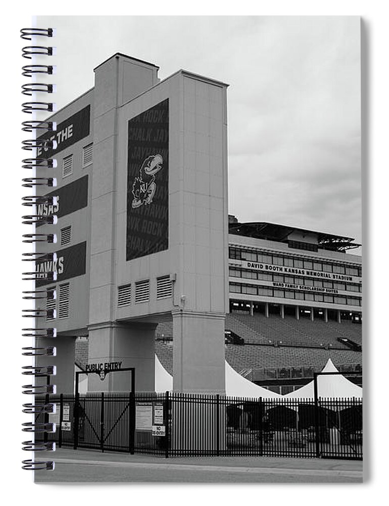 Kansas Jayhawks Stadium Spiral Notebook featuring the photograph Kansas Jayhawks football in black and white #1 by Eldon McGraw