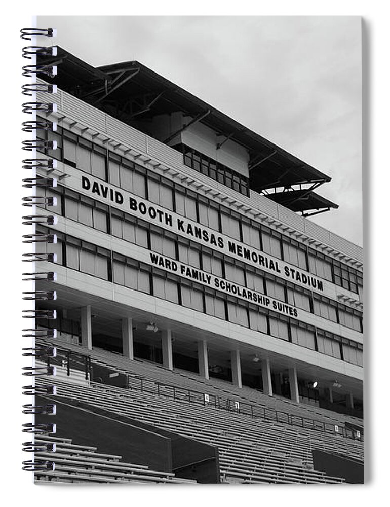 Kansas Jayhawks Stadium Spiral Notebook featuring the photograph Kansas Jayhawks football stadium in black and white #1 by Eldon McGraw