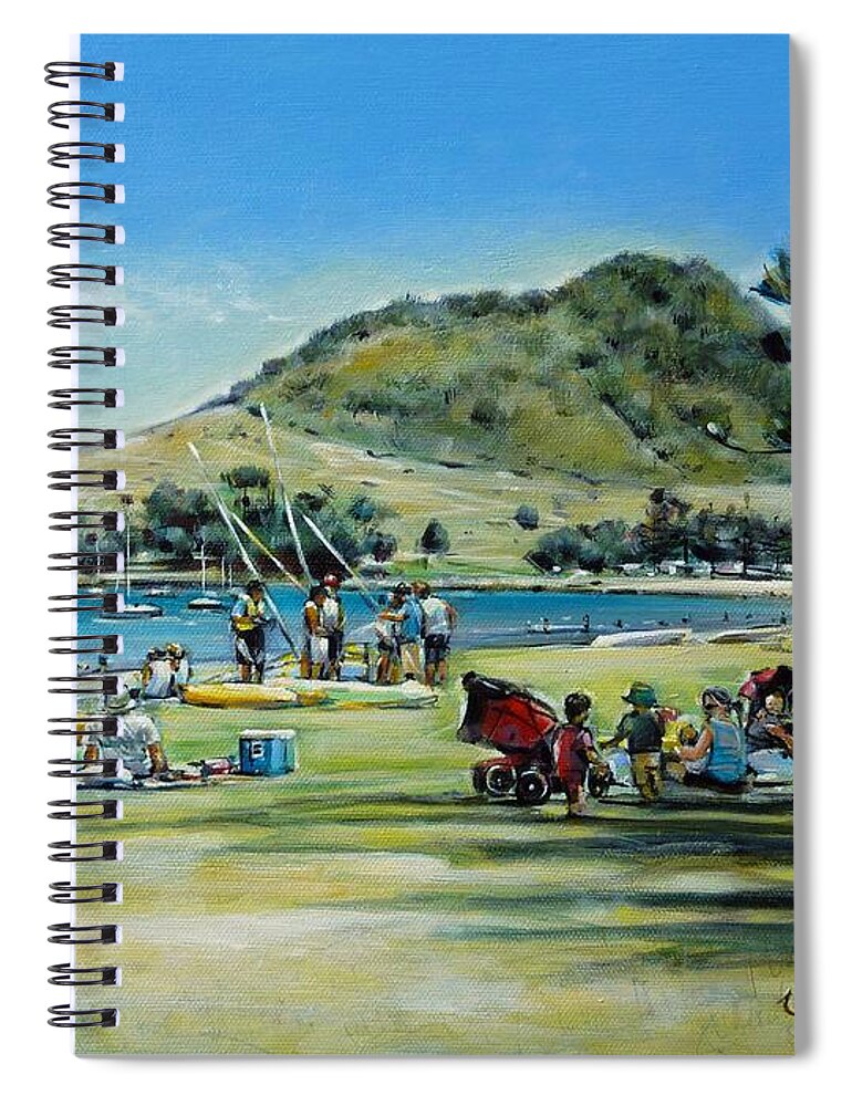 Beach Spiral Notebook featuring the painting Mt Maunganui Pilot Bay 201210 #1 by Selena Boron