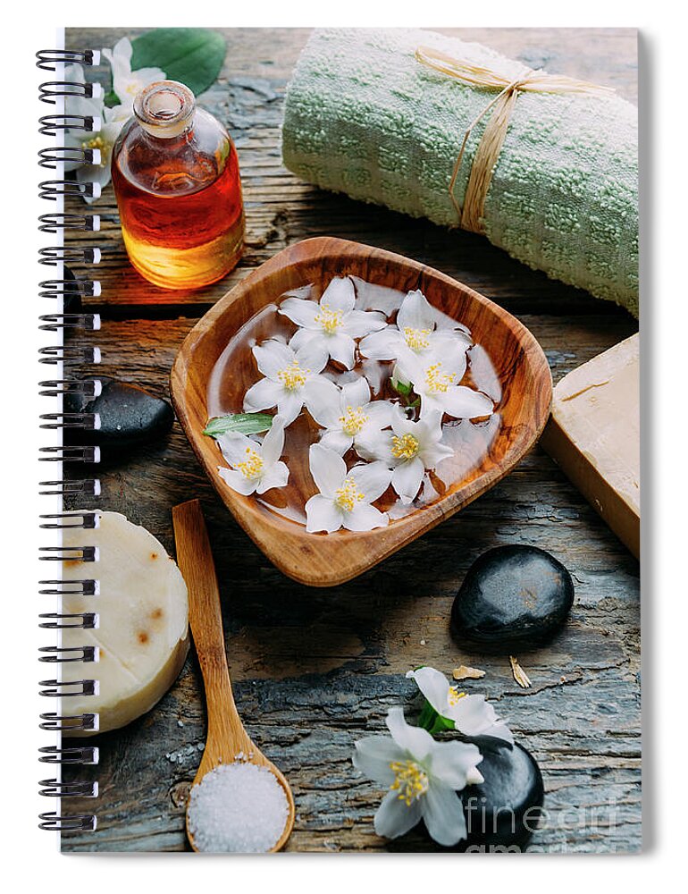 Spa Spiral Notebook featuring the photograph Natural spa cosmetics with essential massage oils, jasmine flowe #1 by Jelena Jovanovic