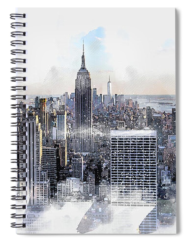 Watercolor Spiral Notebook featuring the digital art New York City Manhattan midtown aerial panorama view with skyscrapers and blue sky in the day, Digital watercolor painting by Maria Kray