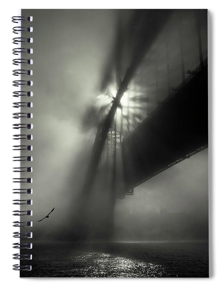 Monochrome Spiral Notebook featuring the photograph One Morning at the Bridge by Grant Galbraith